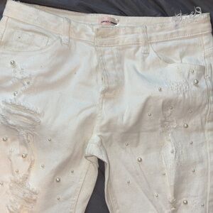 White Pearl Embellished Jeans Women Size L Distressed Statement Denim